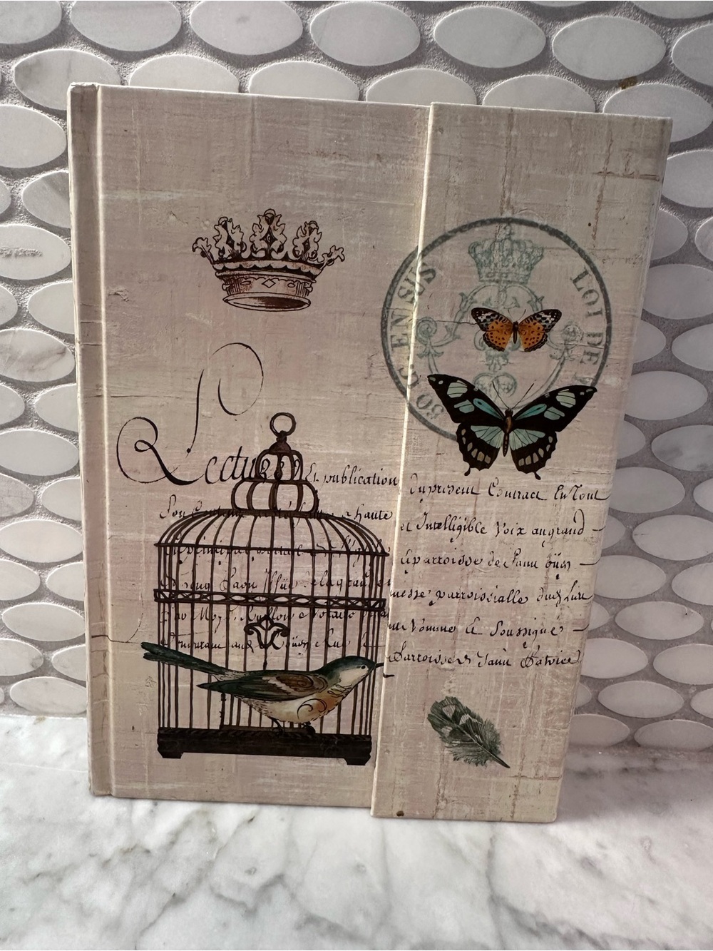 Vintage Birdcage Journal- Neutral with Green & Blue Accents